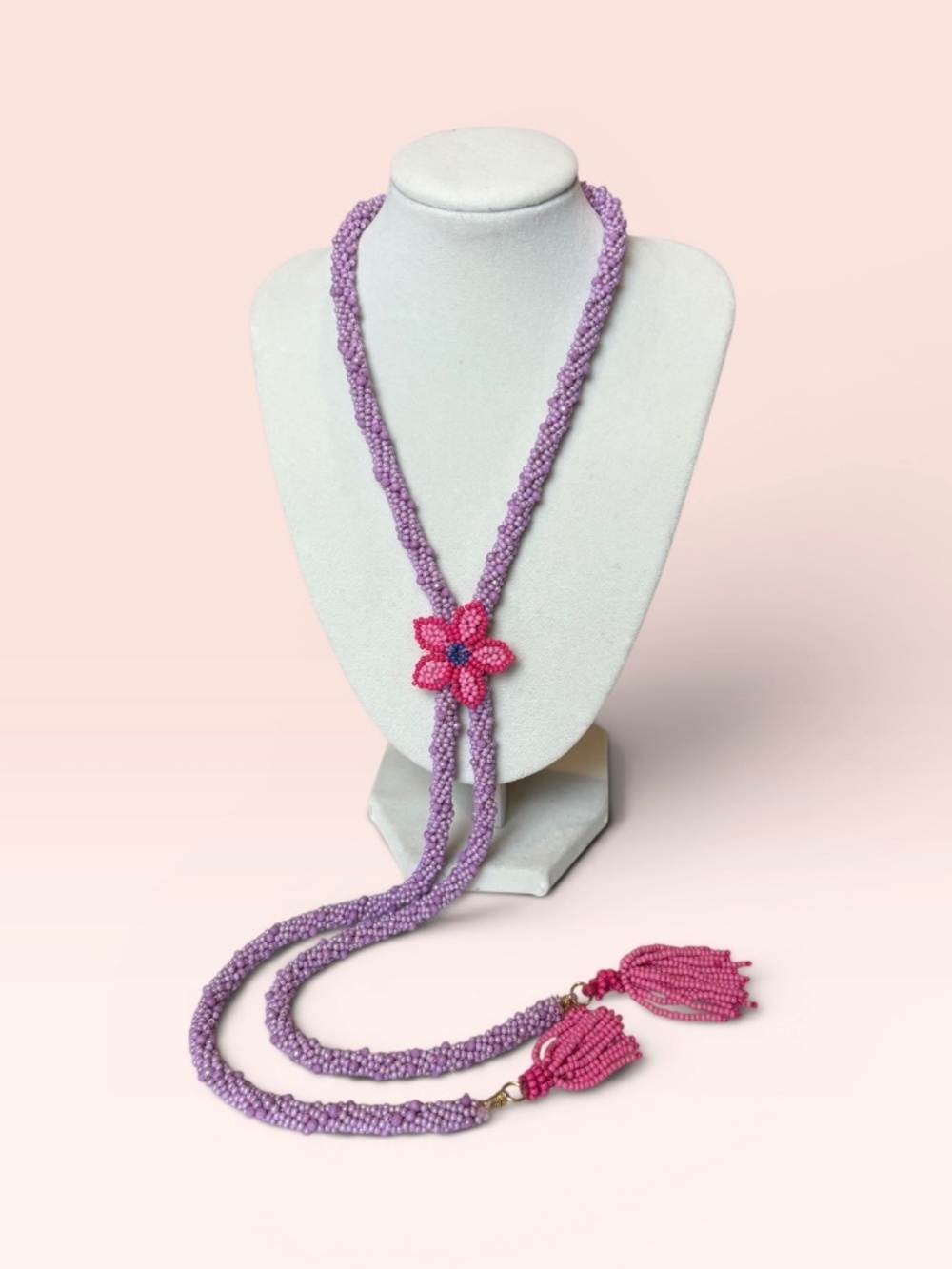 Zara Lavendar Beaded Lariat Necklace with Pink Flower EUC